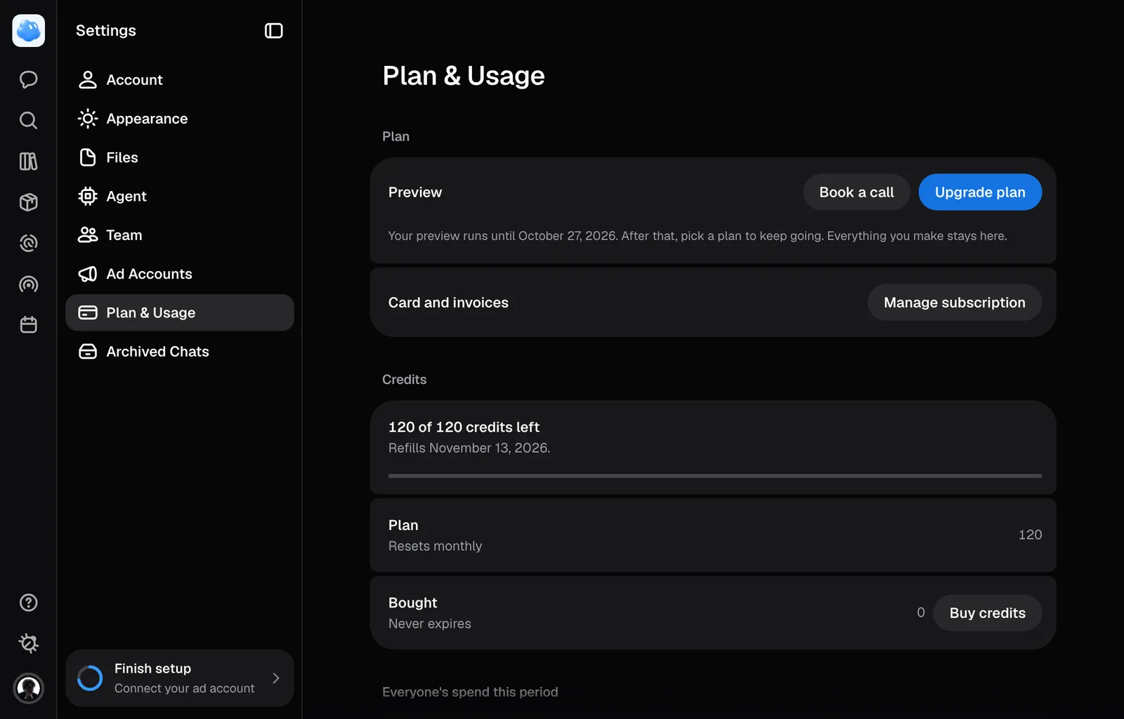 Settings, Plan & Usage: the plan, card and invoices, the credits left and this period's spend.
