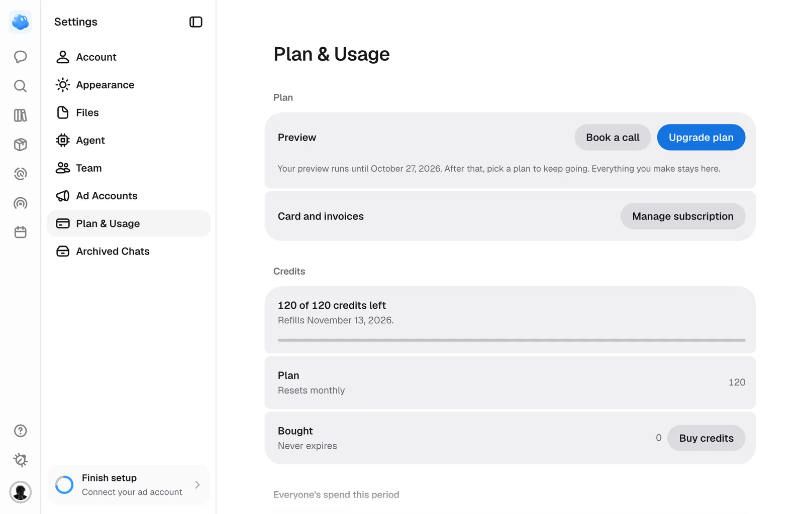 Settings, Plan & Usage: the plan, card and invoices, the credits left and this period's spend.