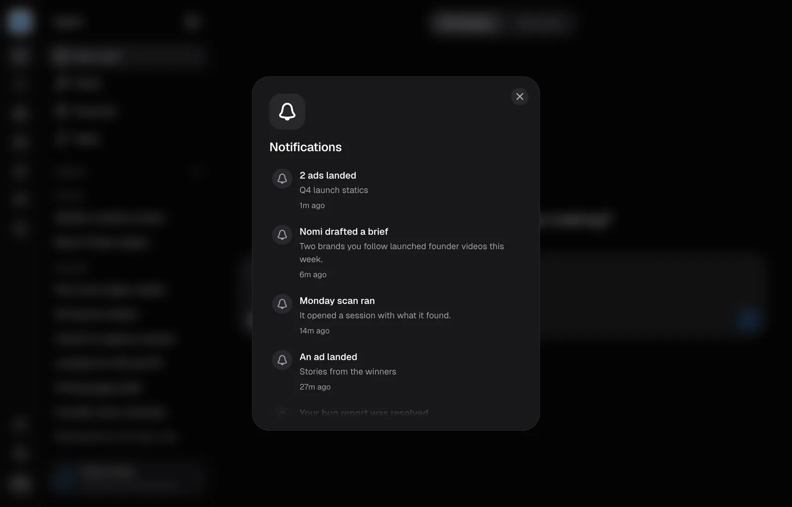 The Notifications dialog, opened from the account menu, with the latest at the top.