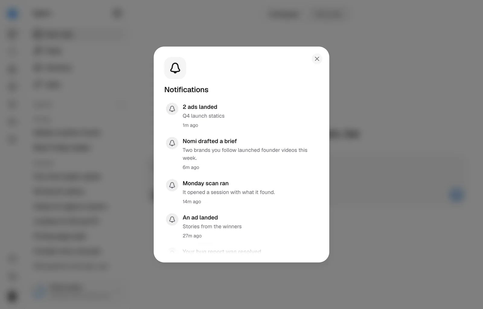 The Notifications dialog, opened from the account menu, with the latest at the top.
