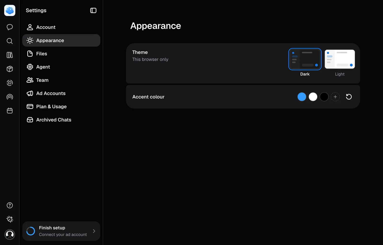 Settings, Appearance: the theme and the accent colour.