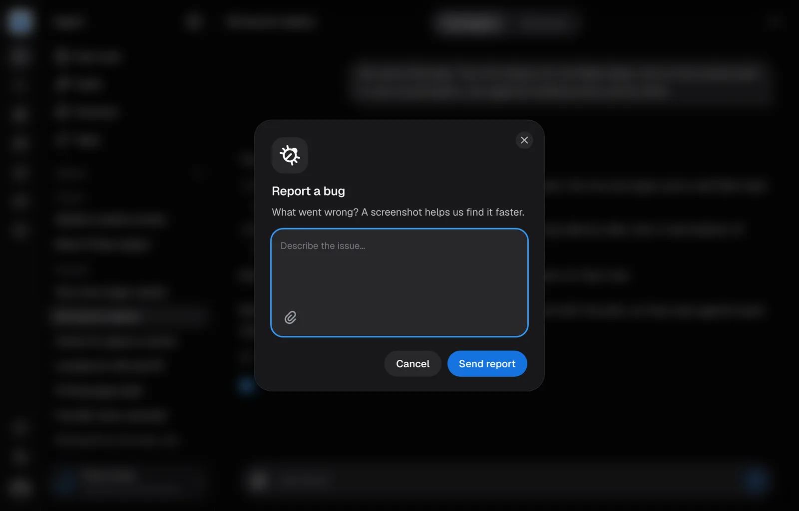 The Report a bug dialog over a session.