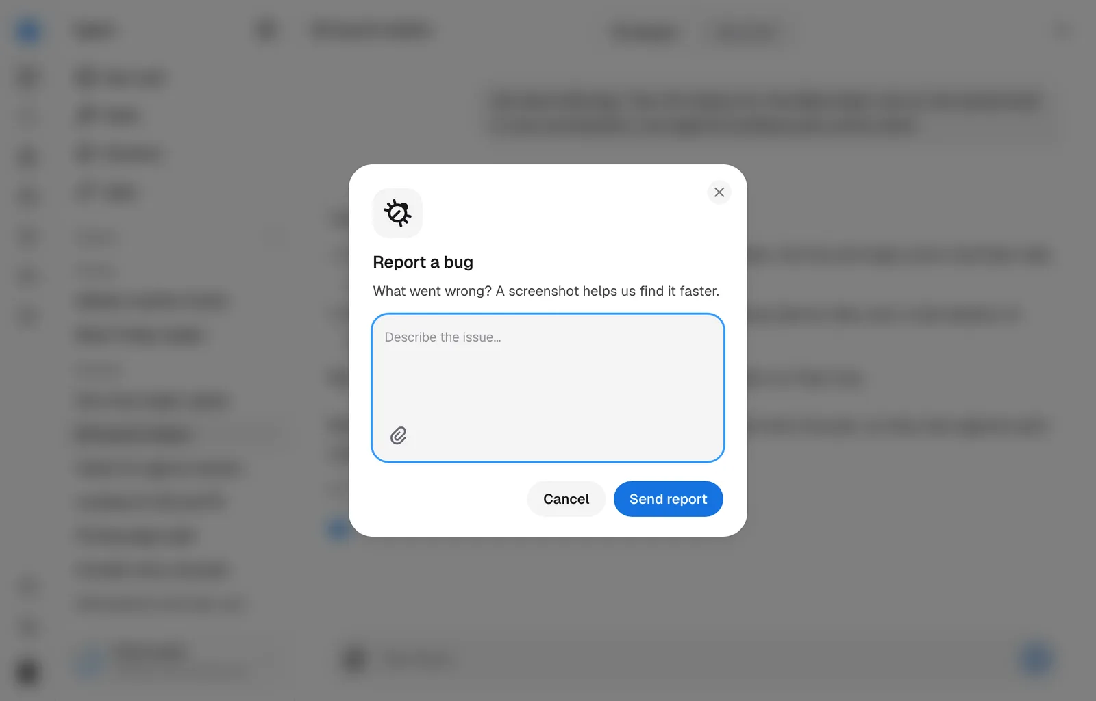 The Report a bug dialog over a session.
