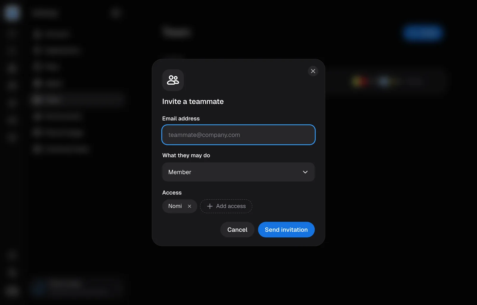 The invite dialog over Settings, Team.