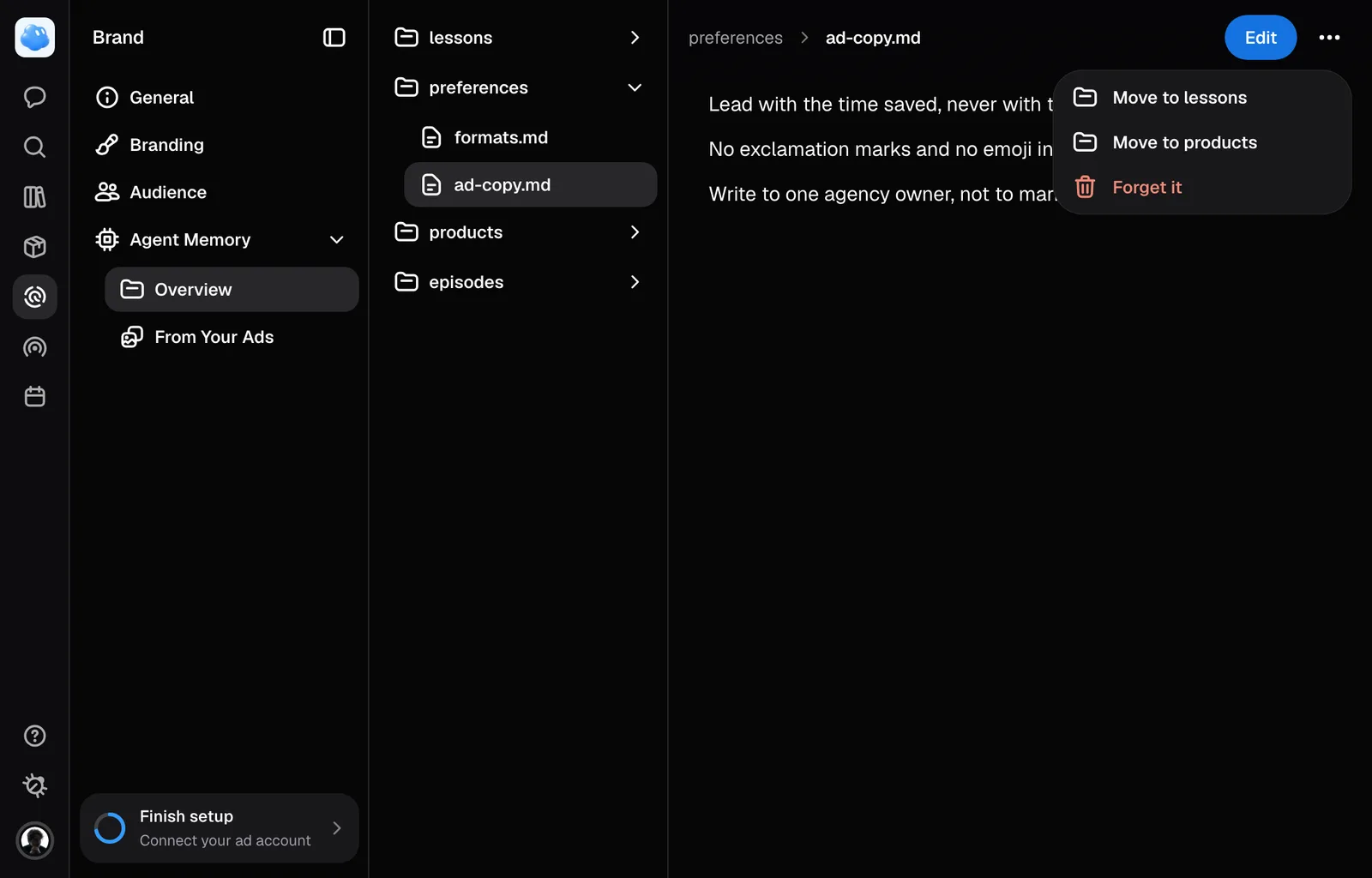 A memory open under Agent Memory with its menu: move it to another folder, or Forget it.