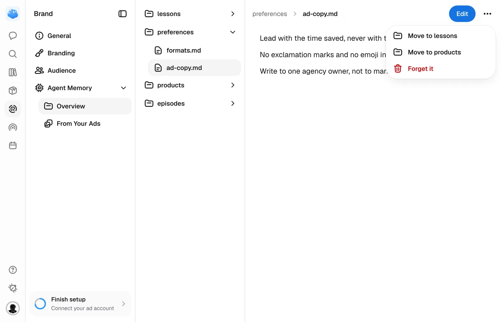 A memory open under Agent Memory with its menu: move it to another folder, or Forget it.