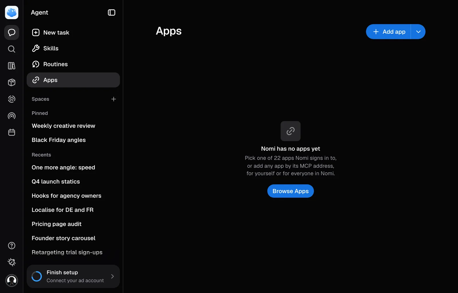 Apps under the Agent: none connected yet, with Browse apps and Add app.
