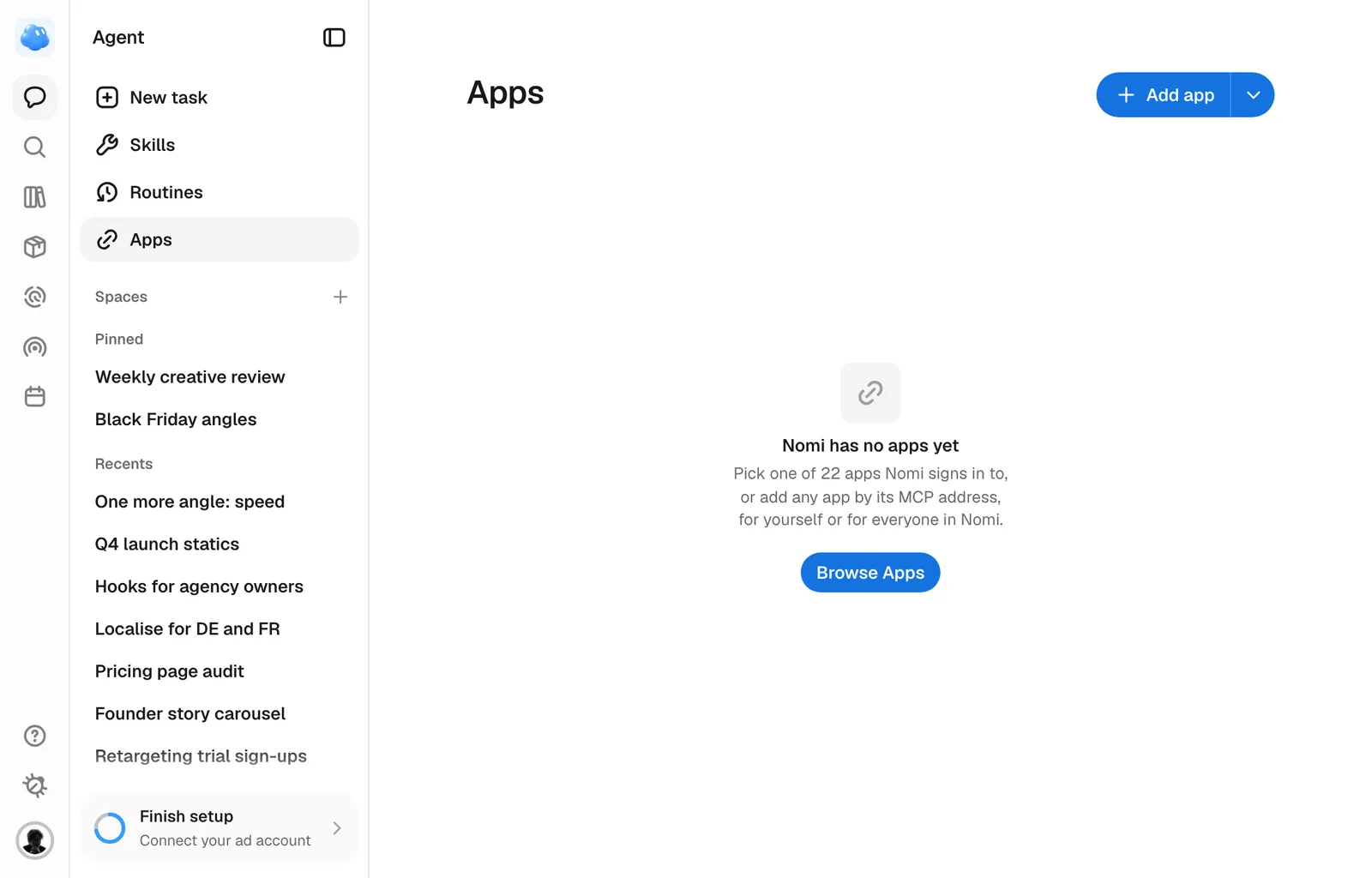 Apps under the Agent: none connected yet, with Browse apps and Add app.