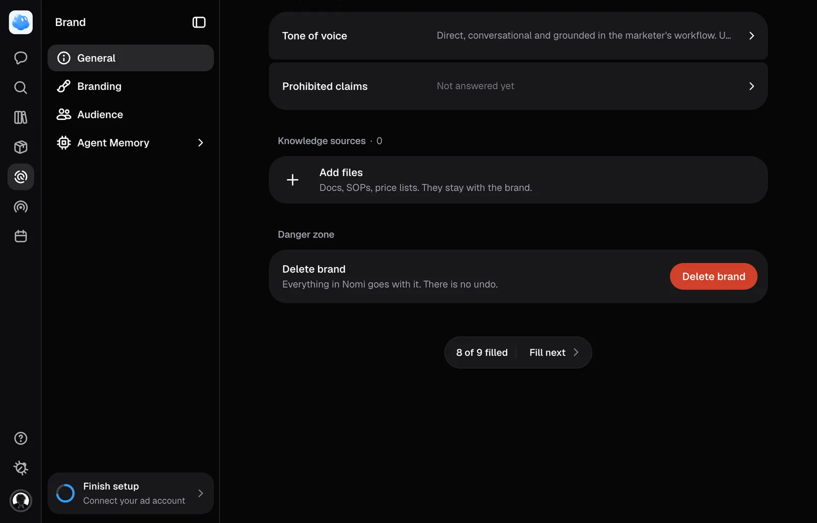 Knowledge sources on the Brand page, with Add files.