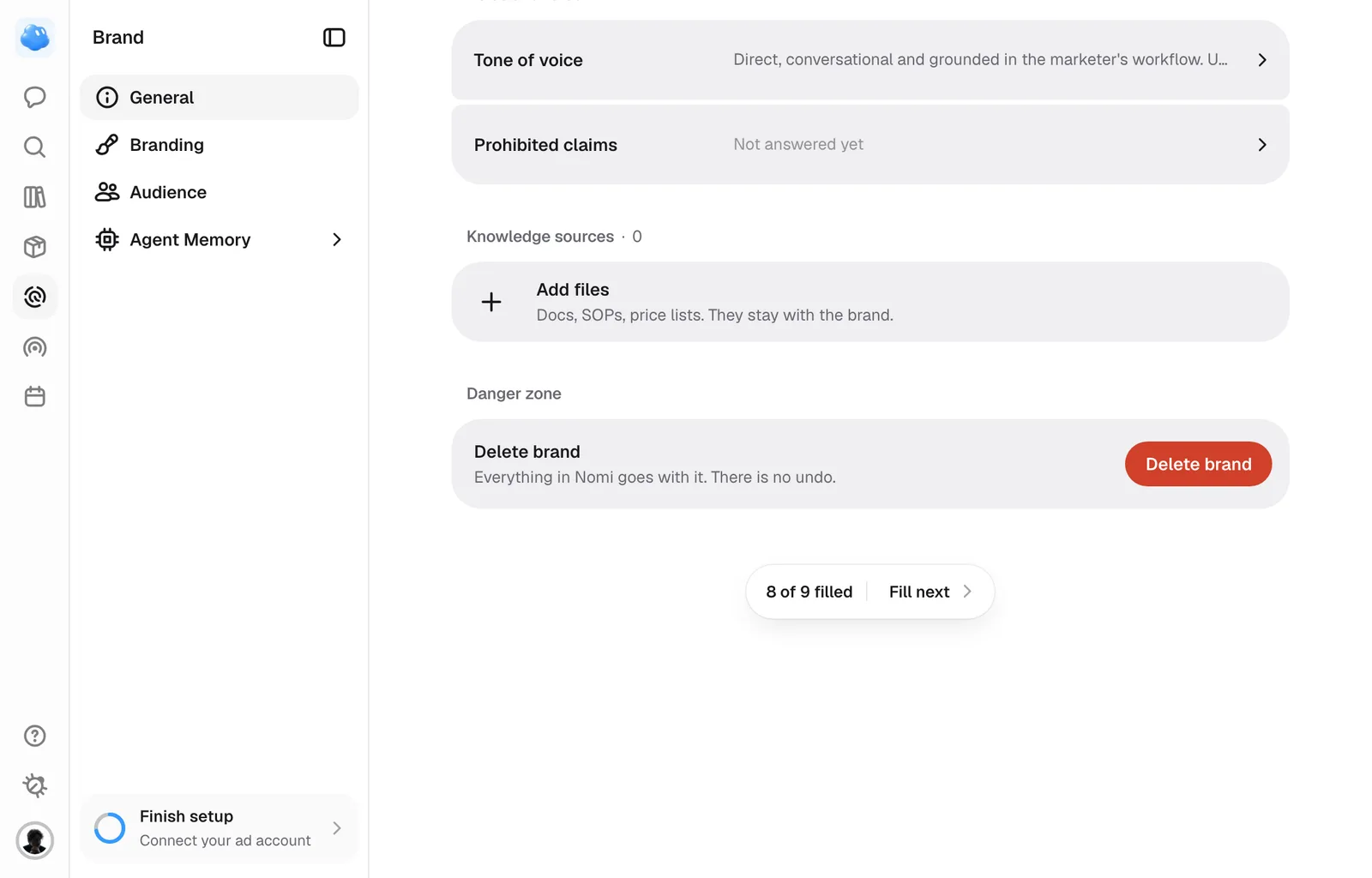 Knowledge sources on the Brand page, with Add files.