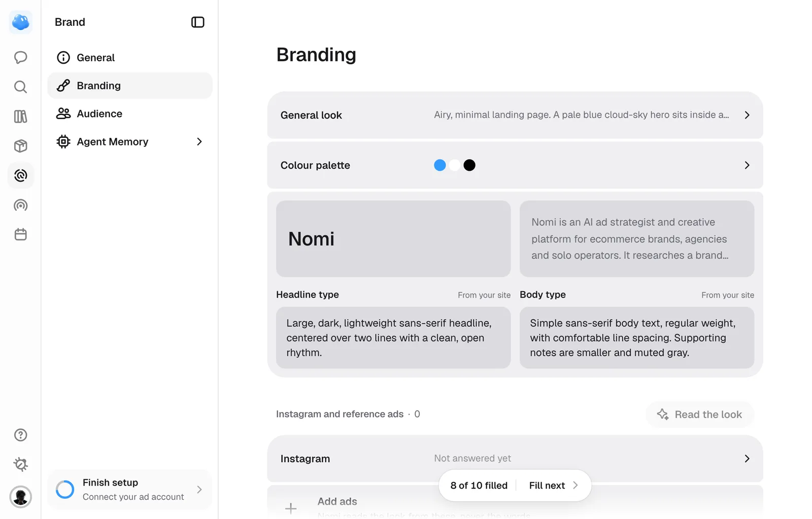 Brand, Branding: the general look, the colour palette and the headline and body type.