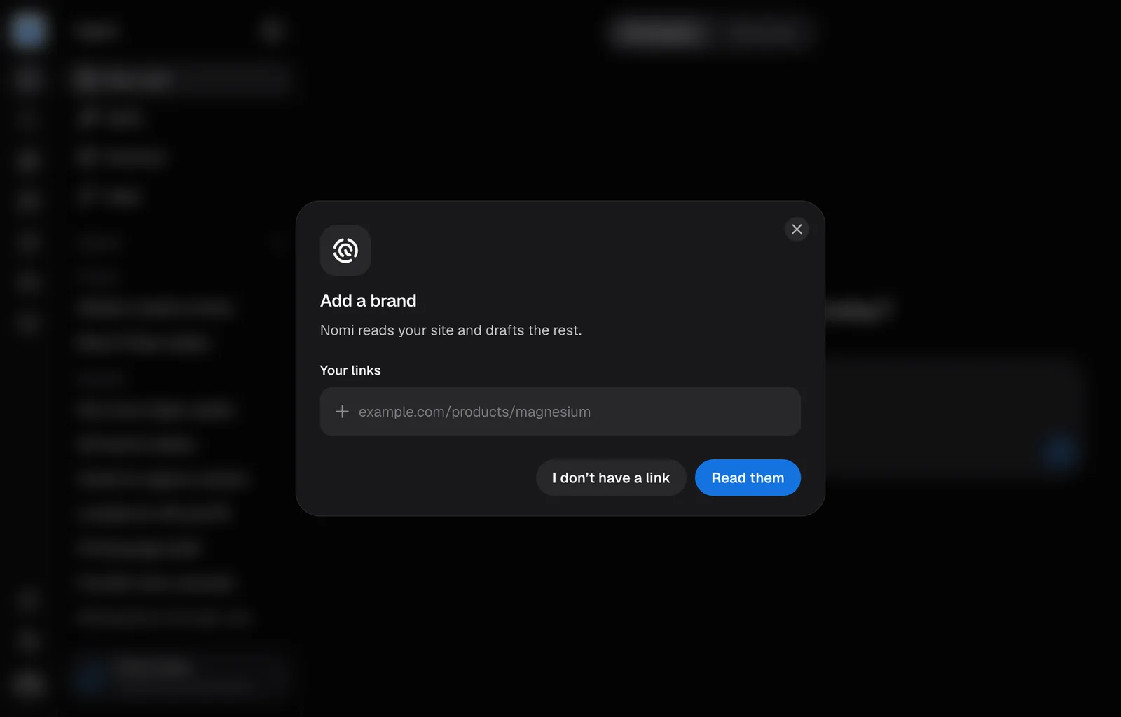 The Add brand dialog, opened from the brand tile at the top of the rail.