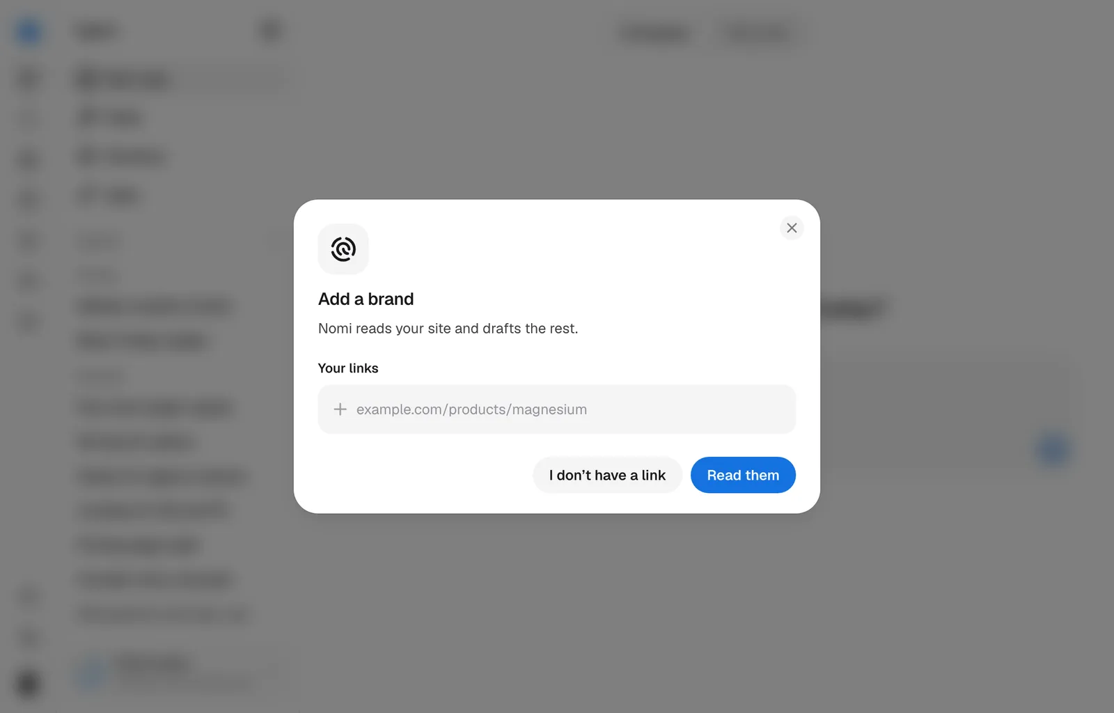 The Add brand dialog, opened from the brand tile at the top of the rail.