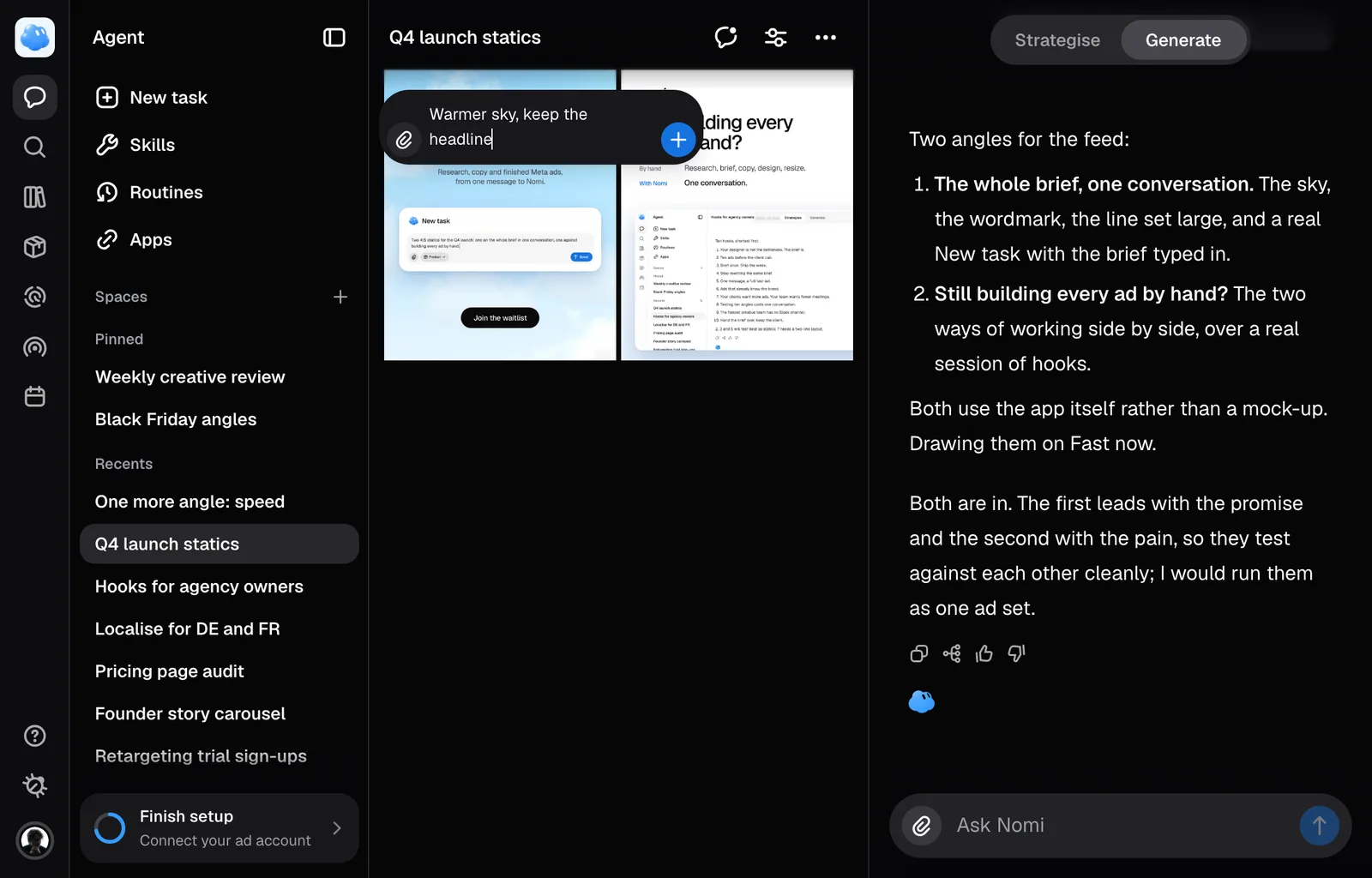 The Generate grid with the annotate tool on, a pin on the first ad and its note being written.