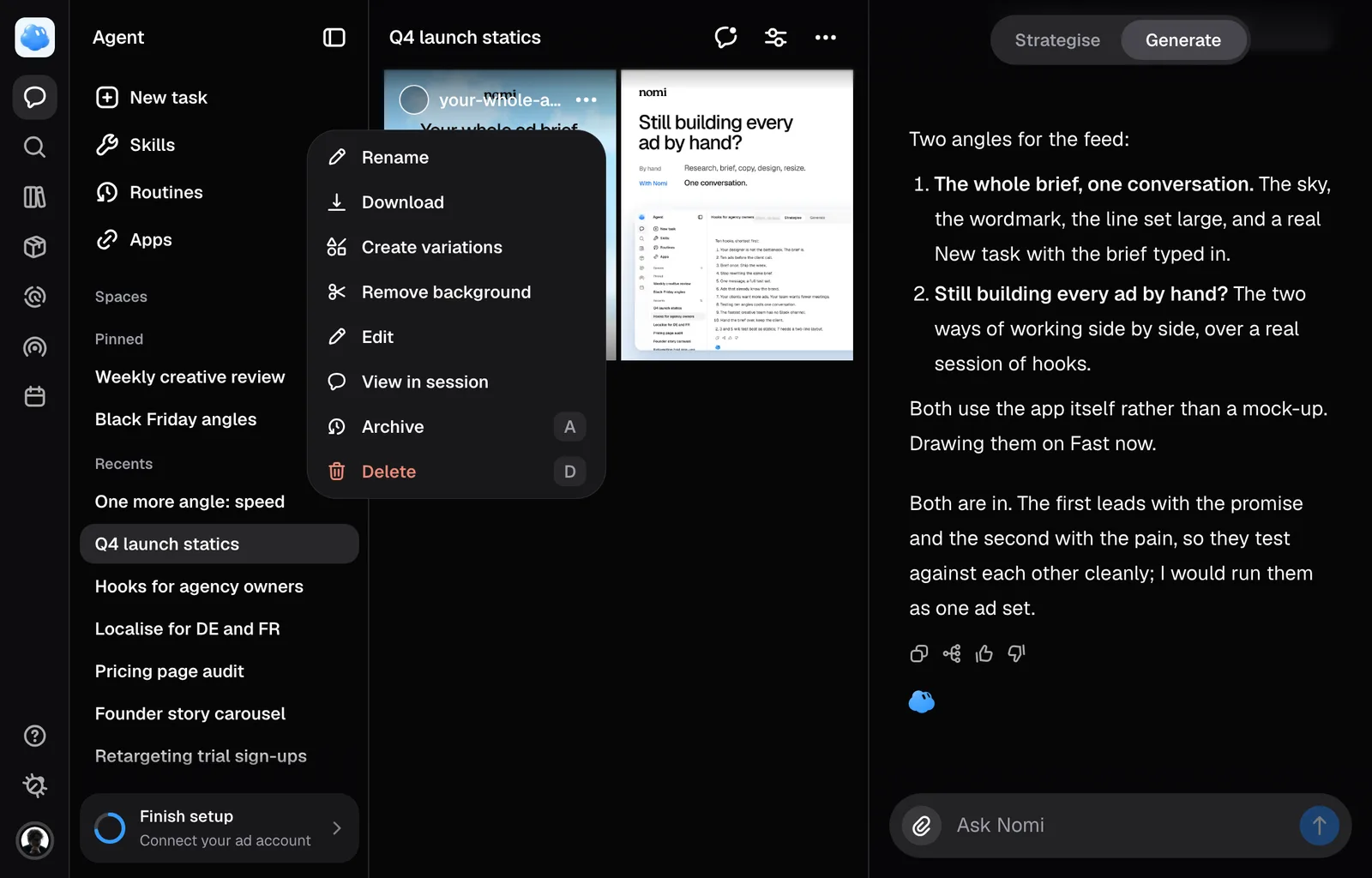 A creative's menu on the Generate grid, with Create variations.