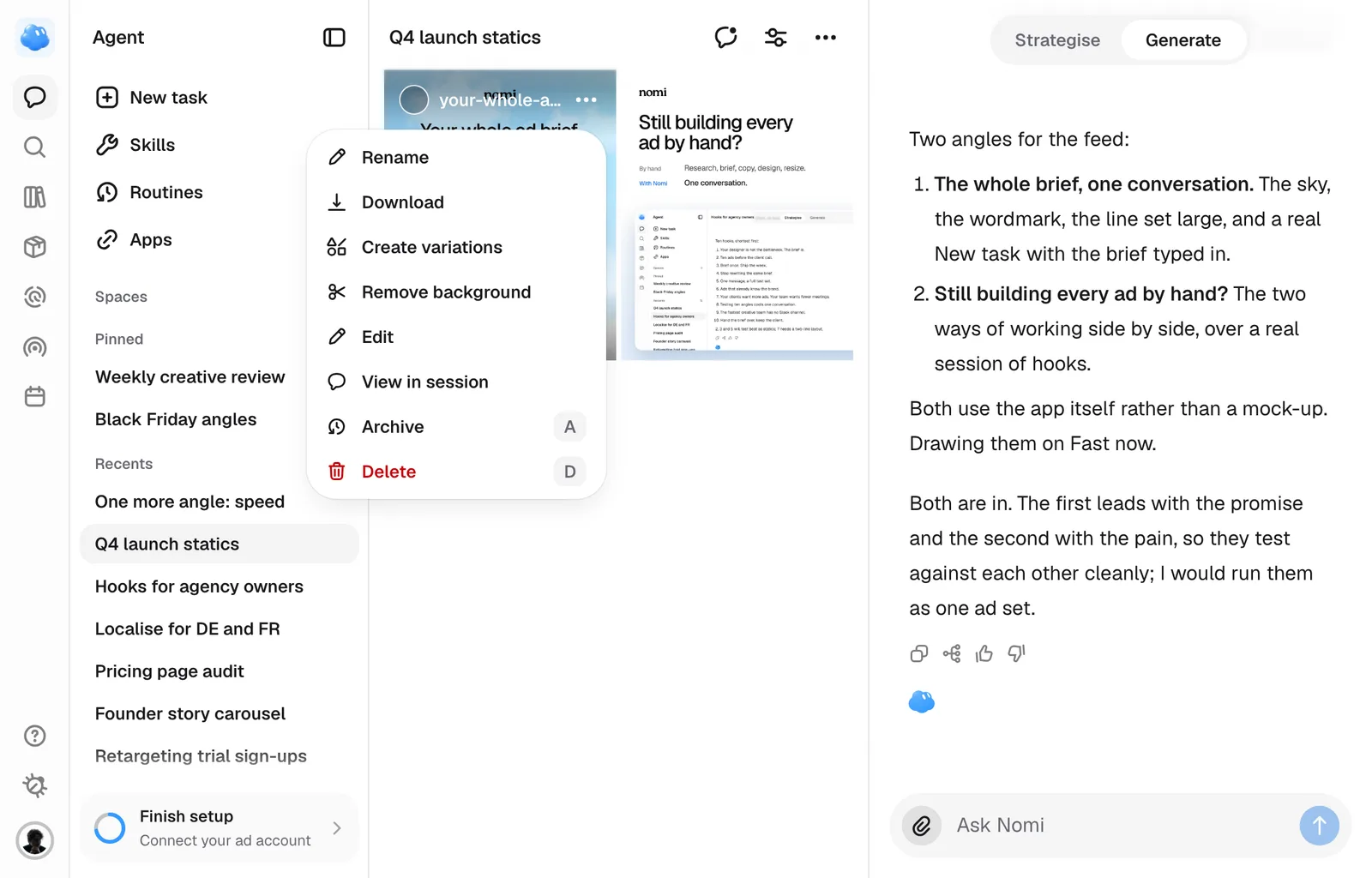 A creative's menu on the Generate grid, with Create variations.