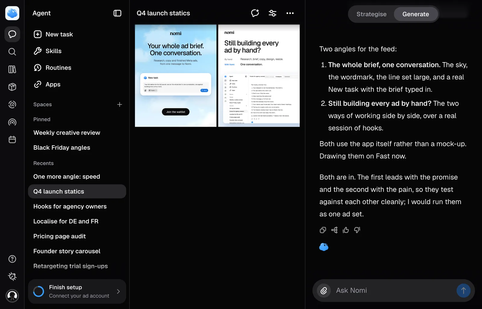 A session in Generate: two finished 4:5 ads in the grid beside the conversation.