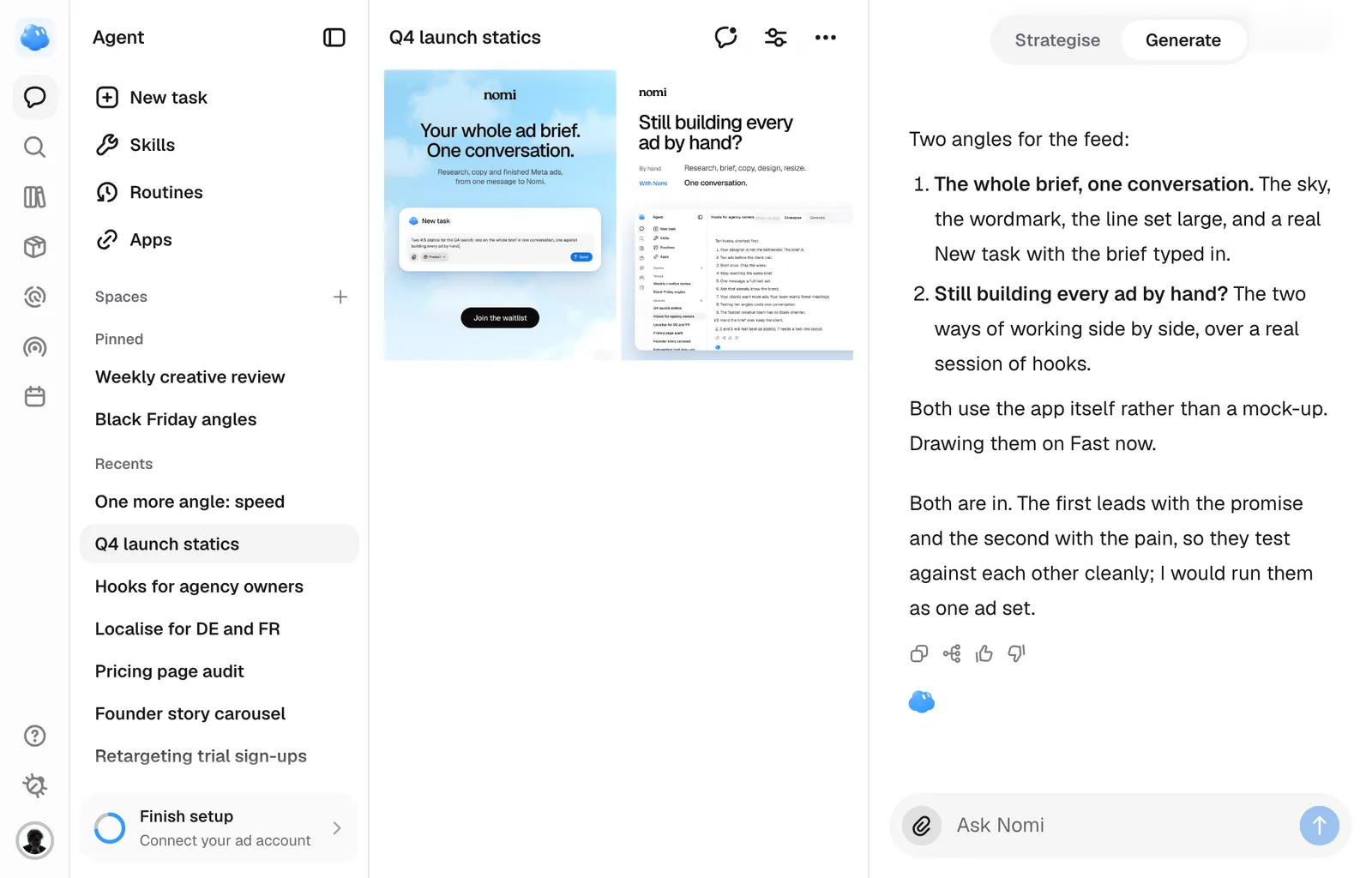 A session in Generate: two finished 4:5 ads in the grid beside the conversation.