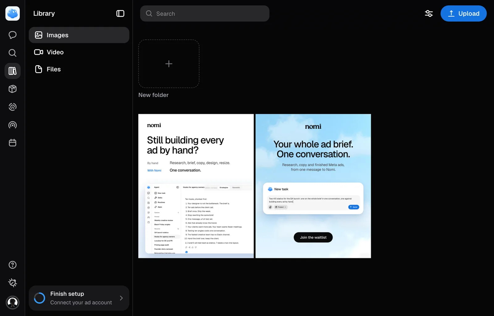 The Library: search at the top, filters at the right and the brand's creatives in the grid.