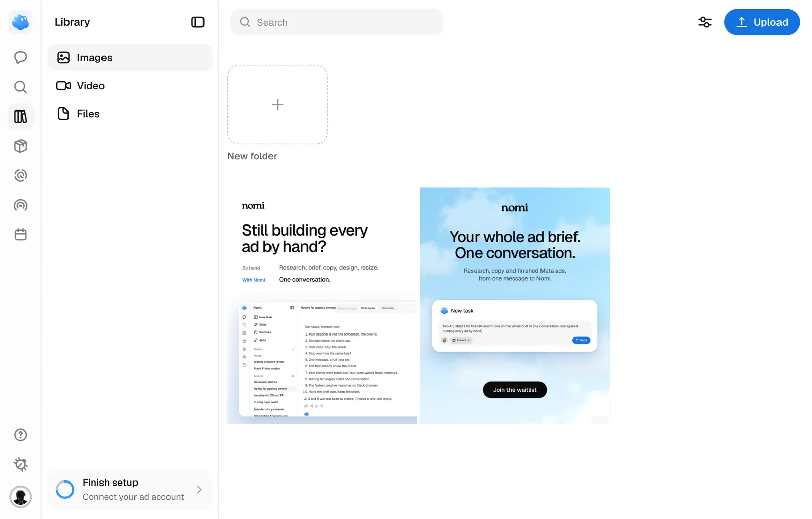 The Library: search at the top, filters at the right and the brand's creatives in the grid.