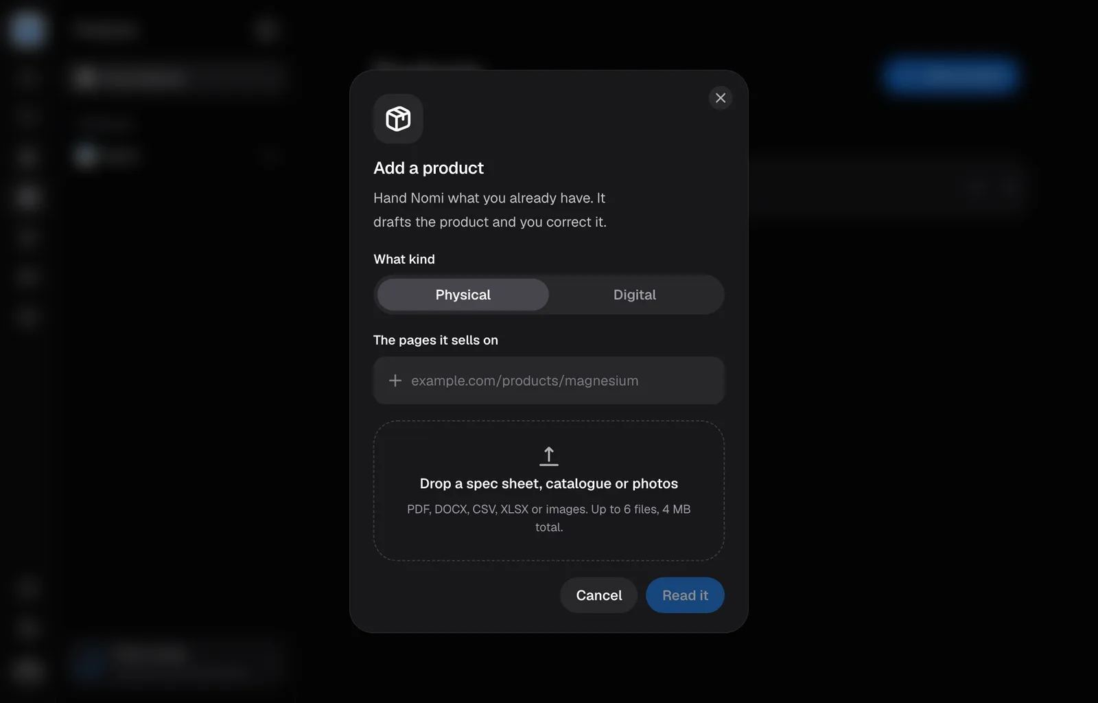 The Add a product dialog: physical or digital, and the page Nomi reads it from.