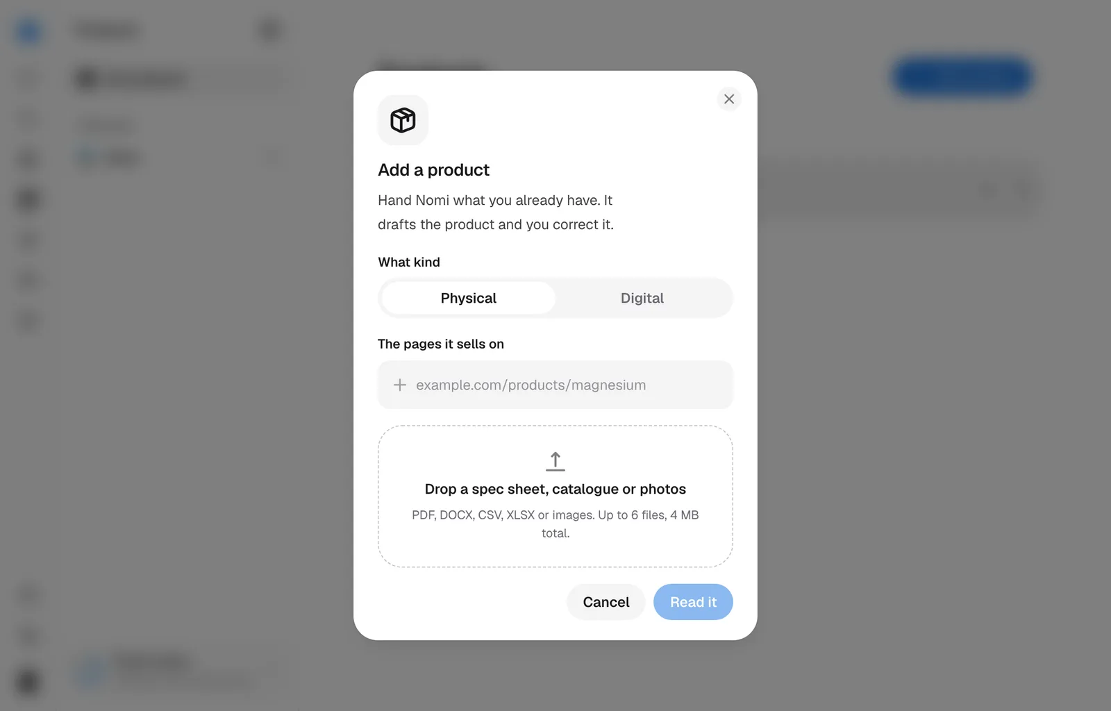 The Add a product dialog: physical or digital, and the page Nomi reads it from.
