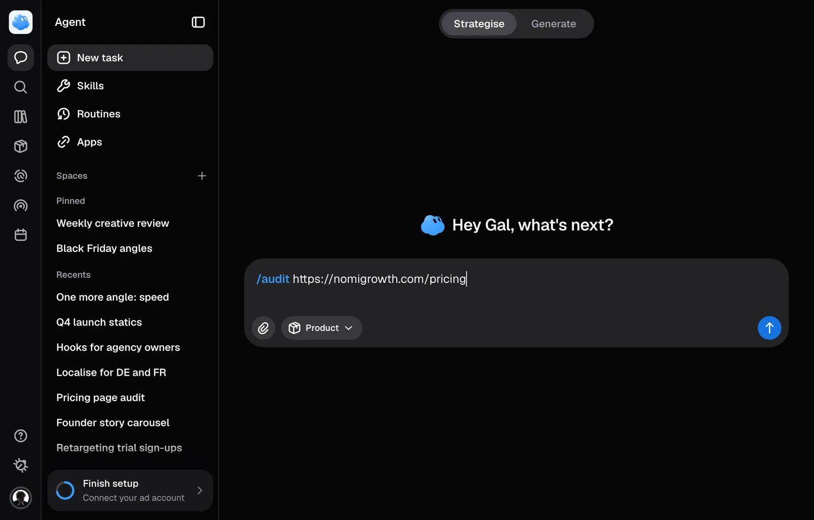 An /audit command with a landing page's address typed into the composer.
