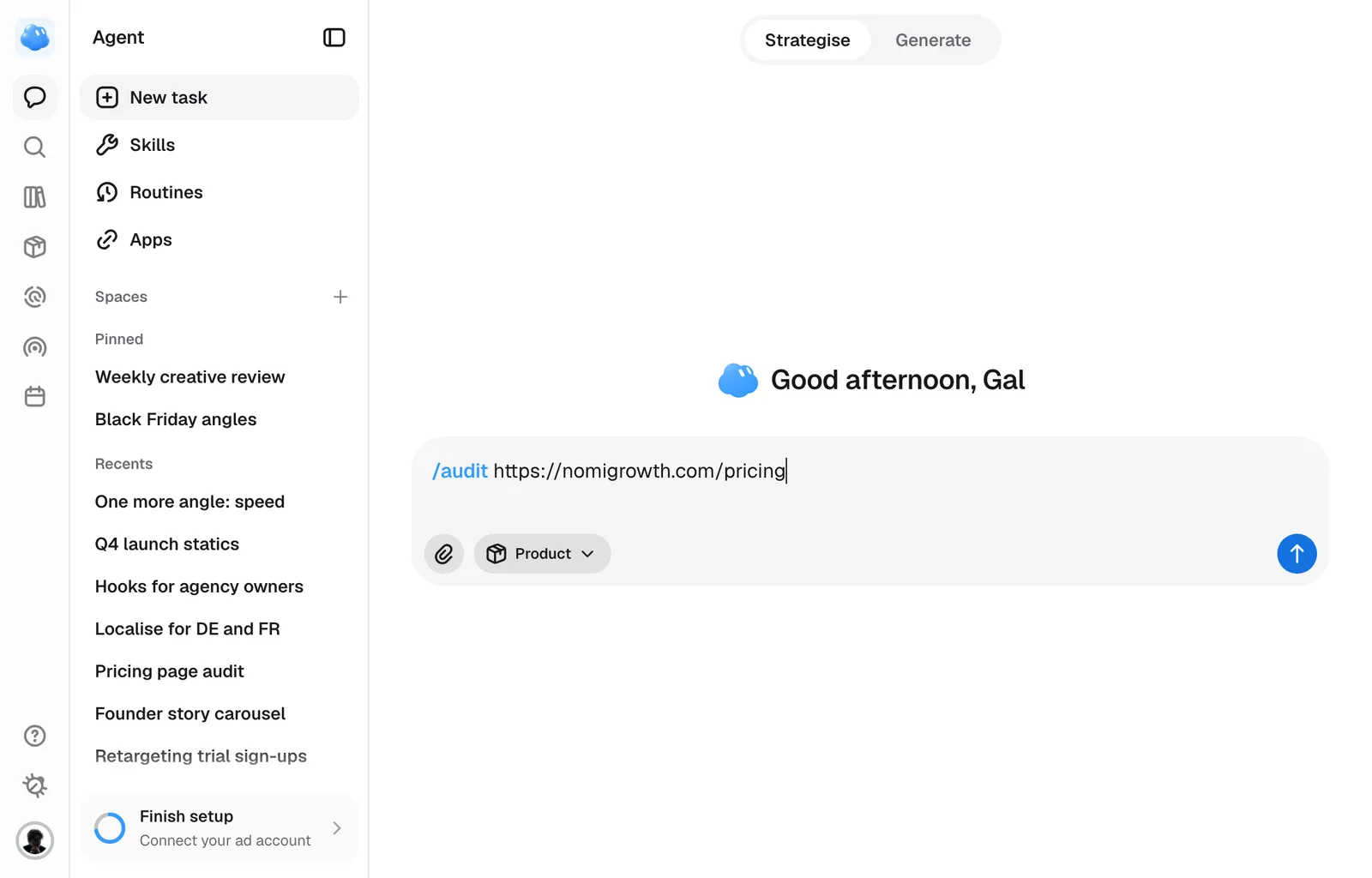 An /audit command with a landing page's address typed into the composer.