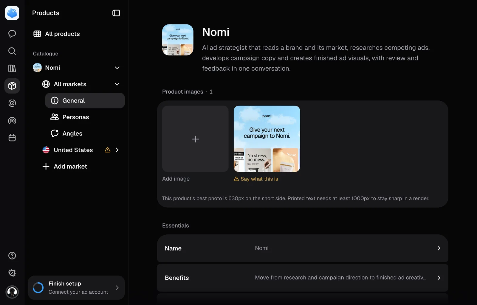 A product's page: its pictures and essentials, with its markets in the sidebar.