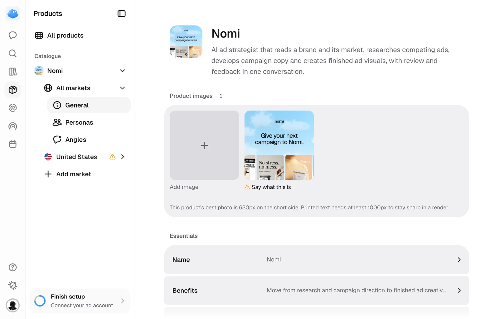 A product's page: its pictures and essentials, with its markets in the sidebar.