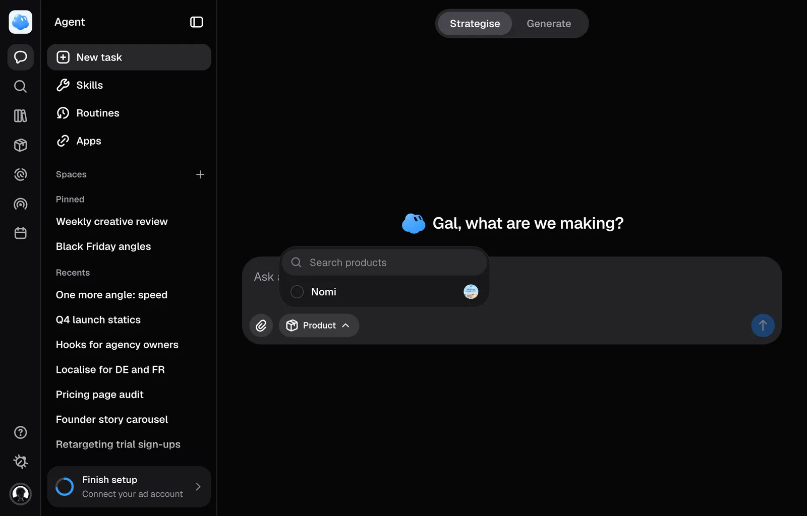 The Product picker open in the composer, listing the brand's products.