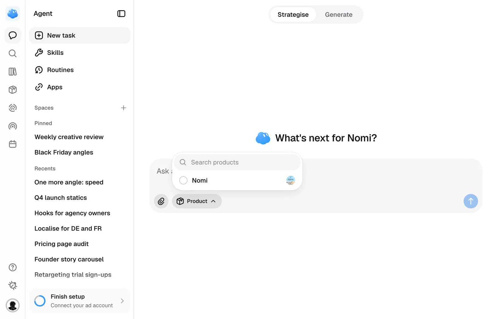 The Product picker open in the composer, listing the brand's products.