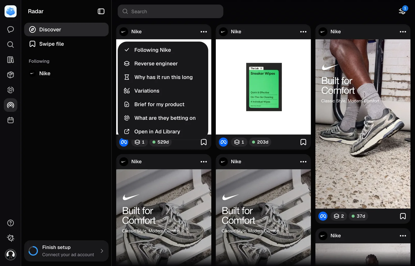 An ad's menu on Radar: Following for a brand already followed, which the sidebar lists.
