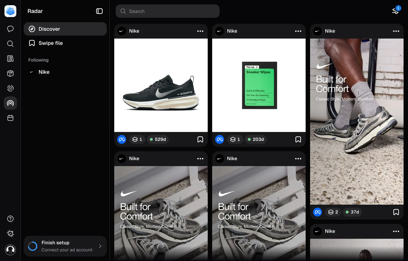 Radar's Ads grid narrowed to United Kingdom ads, longest running first: each card with its brand, network and days running.