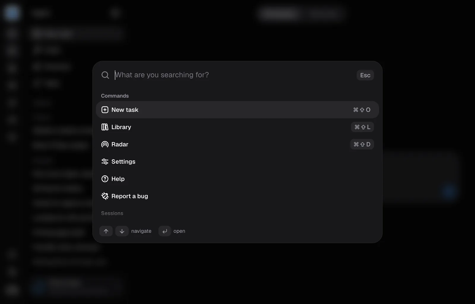 Search opened with Command K, listing commands with their shortcuts.