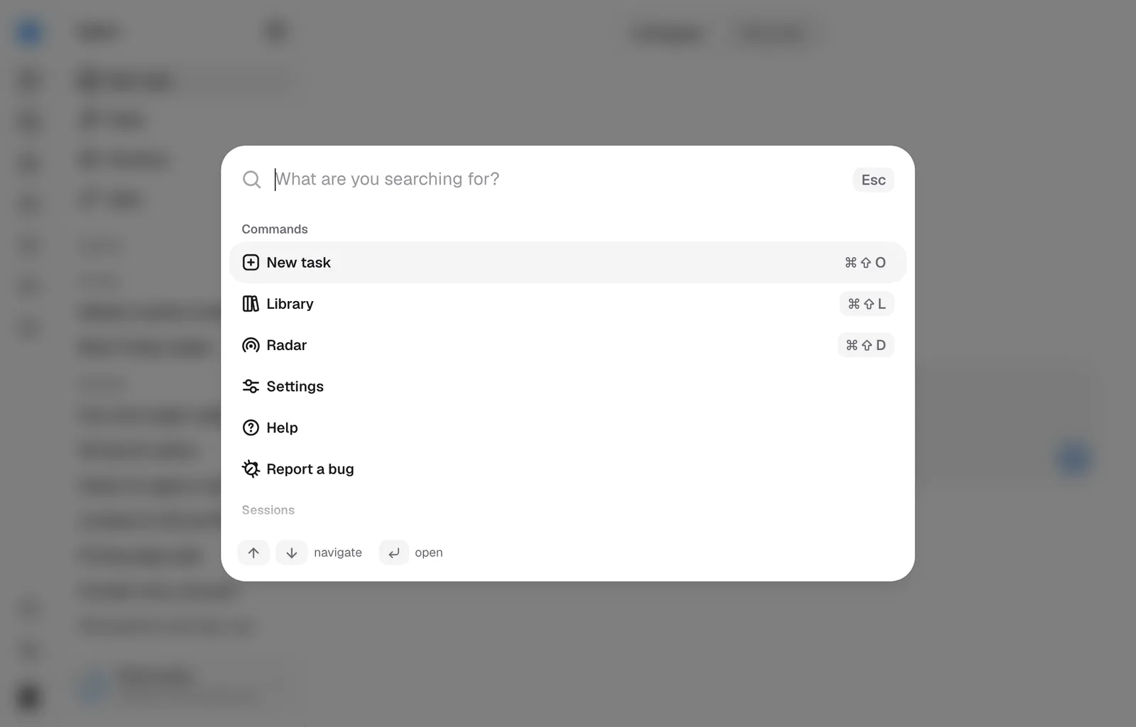 Search opened with Command K, listing commands with their shortcuts.