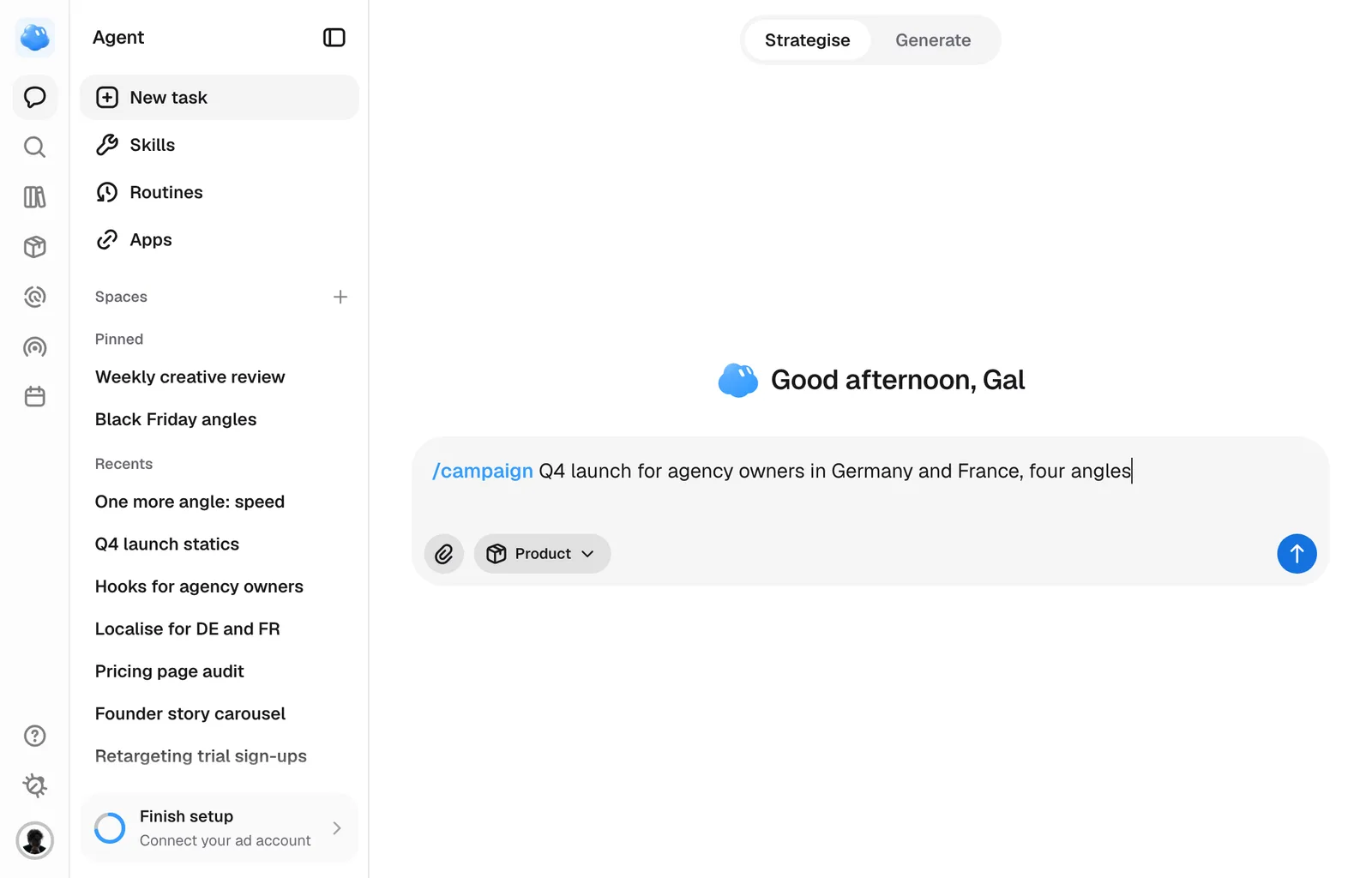 A /campaign command with the campaign's ask typed into the composer.
