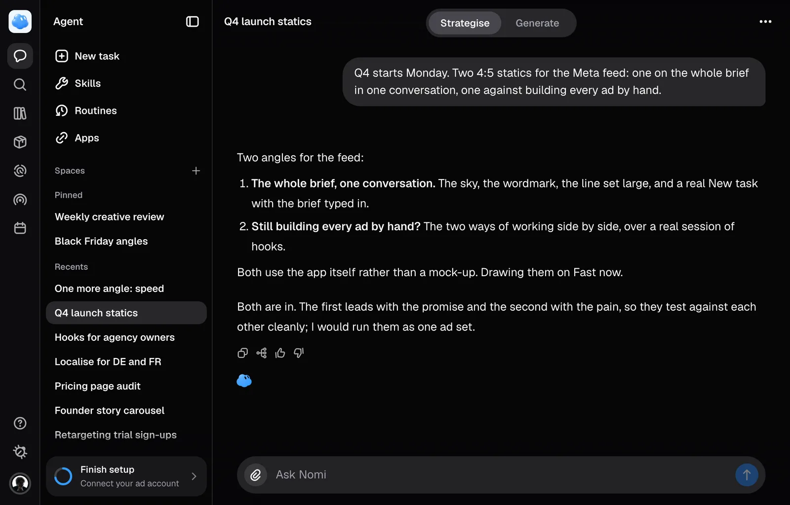 A session: the brief on the right, Nomi's reply under it, and the session in the sidebar's Recents.