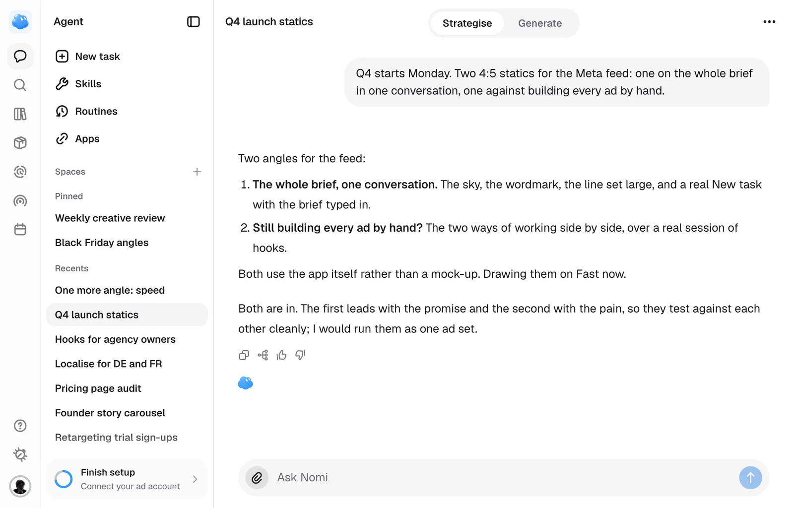 A session: the brief on the right, Nomi's reply under it, and the session in the sidebar's Recents.