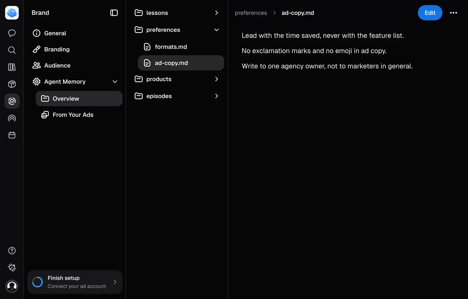 Agent Memory under Brand: its folders on the left, and one remembered preference open.