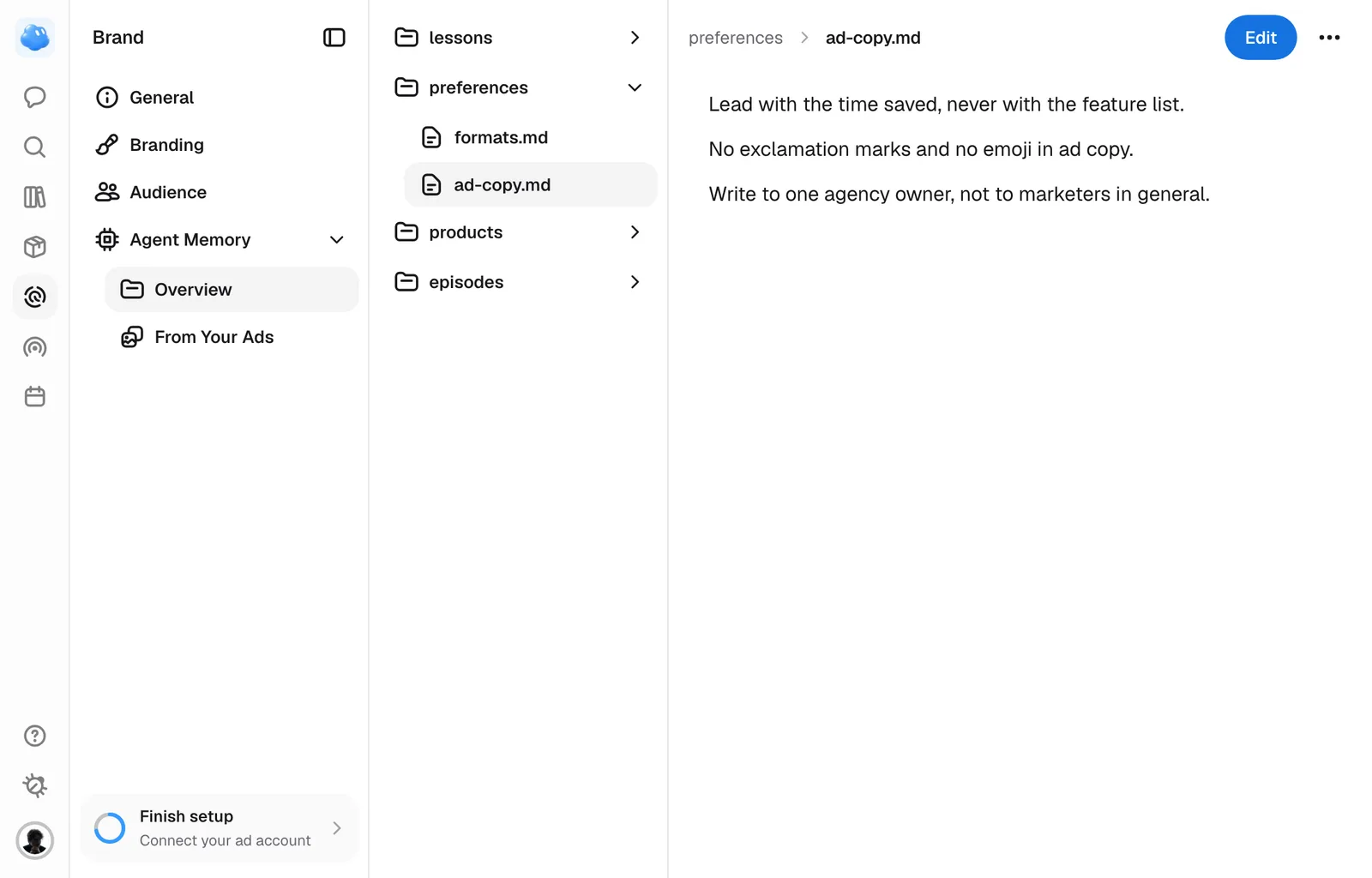 Agent Memory under Brand: its folders on the left, and one remembered preference open.
