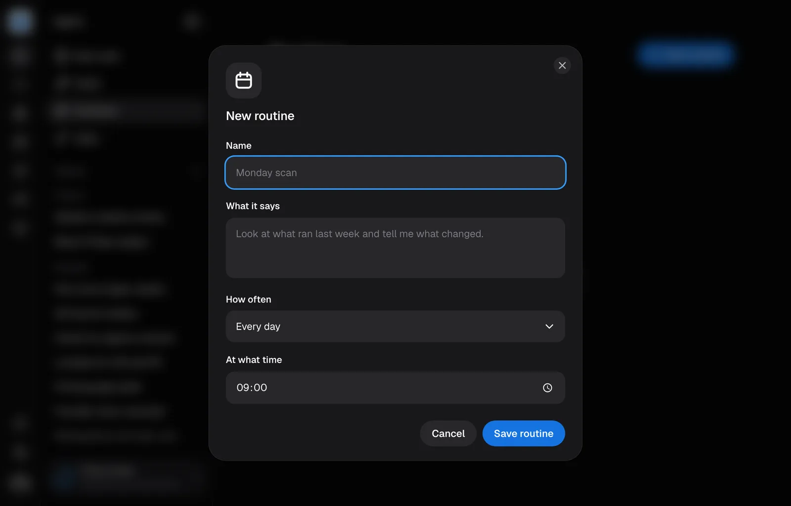 The New routine dialog: its name, what it says, how often and at what time.