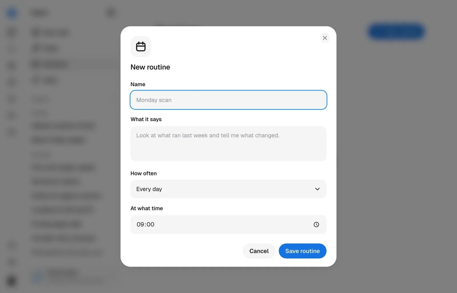 The New routine dialog: its name, what it says, how often and at what time.