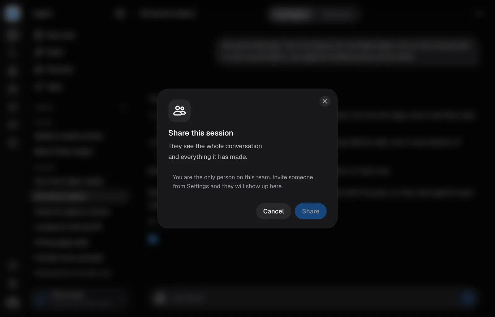 The Share this session dialog, opened from the session's menu.