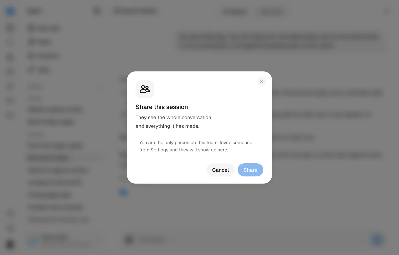 The Share this session dialog, opened from the session's menu.