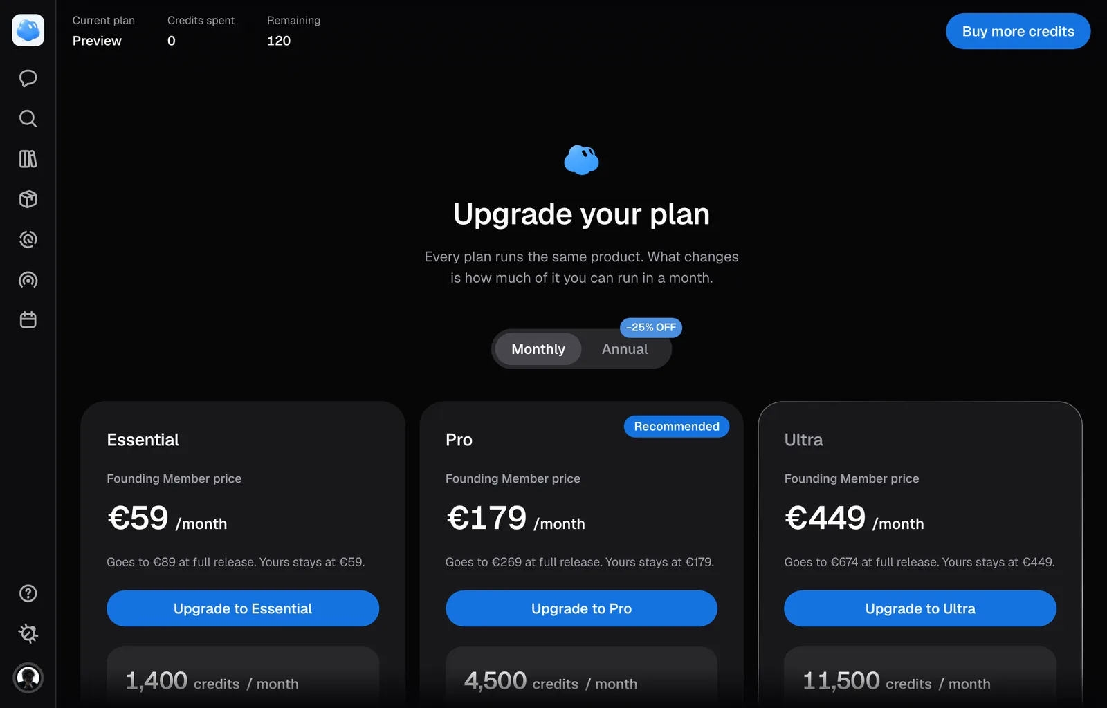 The plans page: Essential, Pro and Ultra with their monthly price and credits.