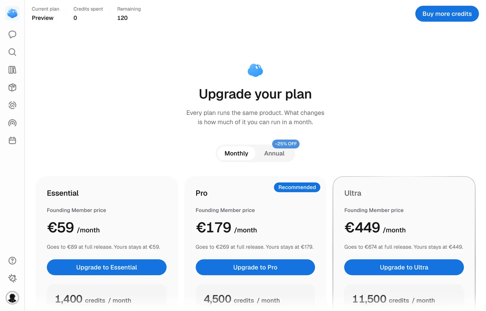 The plans page: Essential, Pro and Ultra with their monthly price and credits.