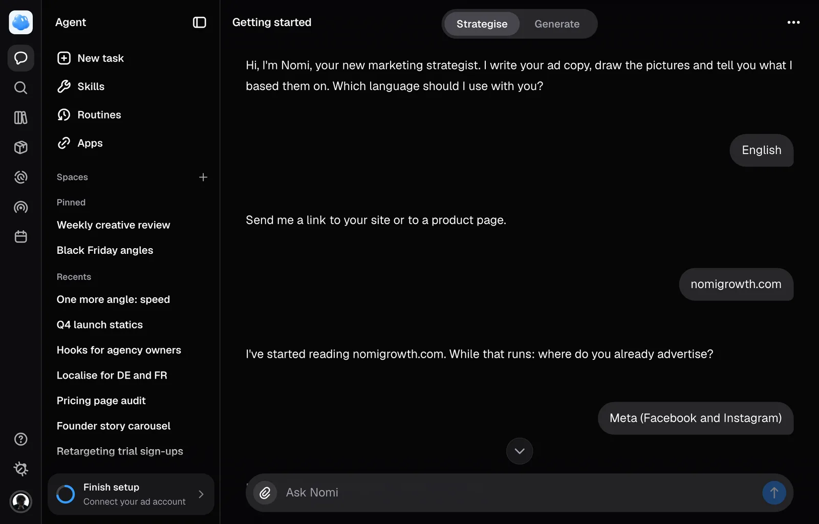 The setup conversation as it stays in Recents afterwards, as Getting started: Nomi asks one thing at a time and each answer sits on the right.