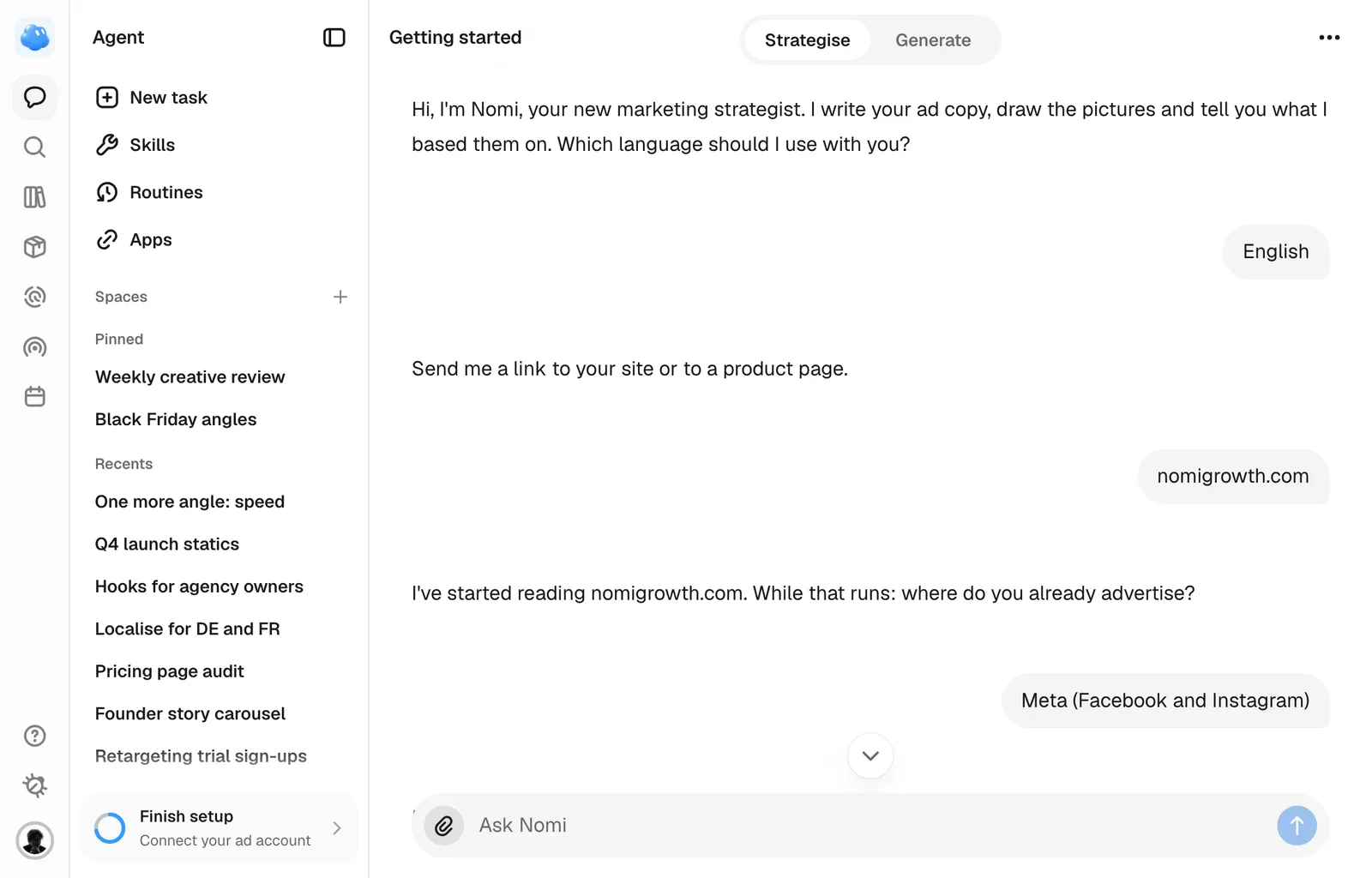 The setup conversation as it stays in Recents afterwards, as Getting started: Nomi asks one thing at a time and each answer sits on the right.