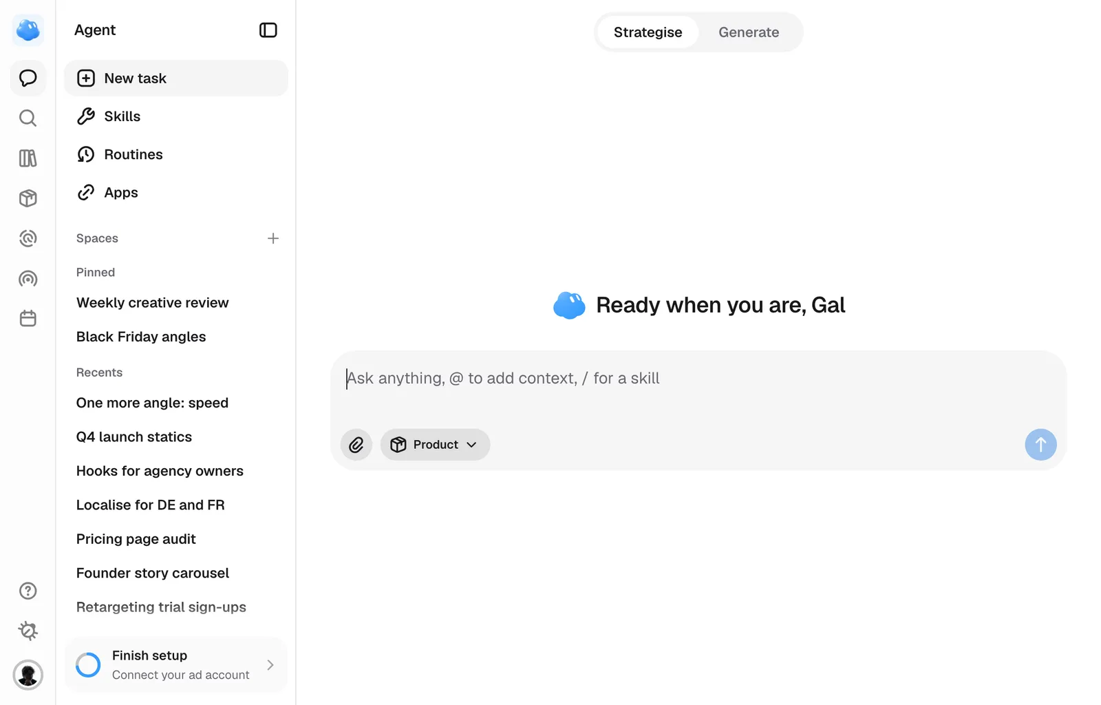 A new task in Nomi: the Agent's sidebar with pinned and recent sessions, and the composer asking what to work on.